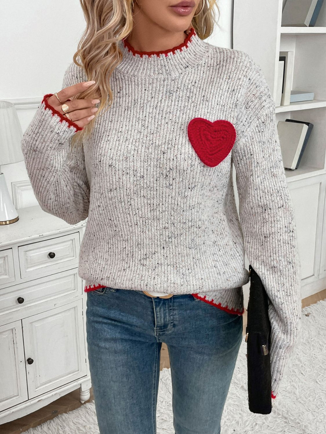 Perfee Contrast Heart Sweater