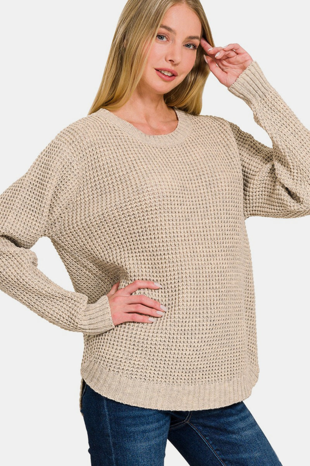 High Low Waffle Sweater