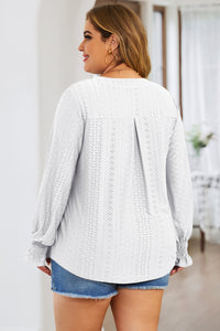 Curvy Eyelet Notched Flounce Sleeve Blouse