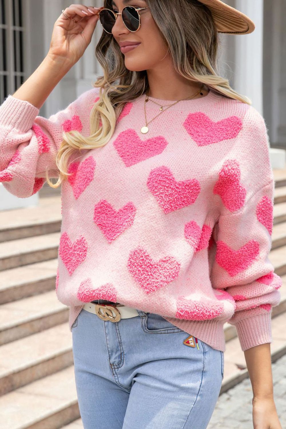 Heart Jacquard Round Neck Sweater