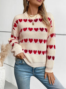 Heart Print Dropped Shoulder Sweater