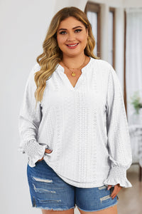 Curvy Eyelet Notched Flounce Sleeve Blouse