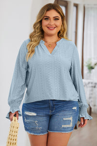 Curvy Eyelet Notched Flounce Sleeve Blouse