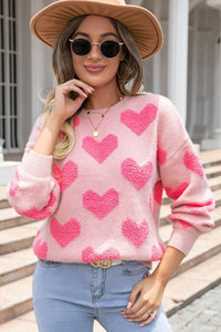 Heart Jacquard Round Neck Sweater