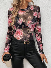 Load image into Gallery viewer, Mesh Floral Mock Neck Long Sleeve Top
