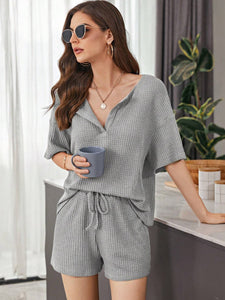 Waffle-Knit Dropped Shoulder Top and Shorts Set