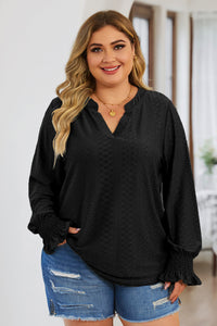 Curvy Eyelet Notched Flounce Sleeve Blouse