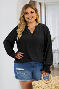 Curvy Eyelet Notched Flounce Sleeve Blouse