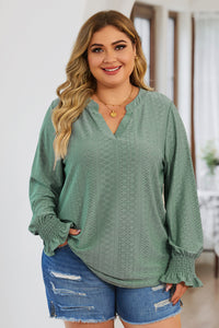 Curvy Eyelet Notched Flounce Sleeve Blouse