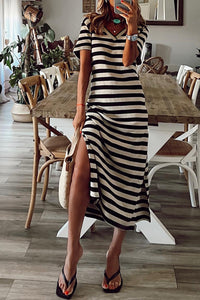Striped Print V Neck Maxi Dress with Side Splits
