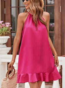 Solid Ruffle Hem Halter Neck Dress