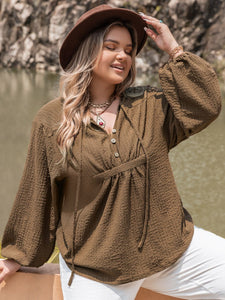 Curvy Tie Neck Long Sleeve Blouse