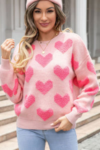 Heart Jacquard Round Neck Sweater