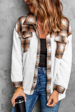 Load image into Gallery viewer, Brown Plaid Patchwork Buttoned Pocket Sherpa Shacket
