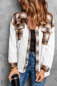 Brown Plaid Patchwork Buttoned Pocket Sherpa Shacket