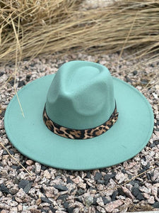 Teal Leopard Trim Felt Hat